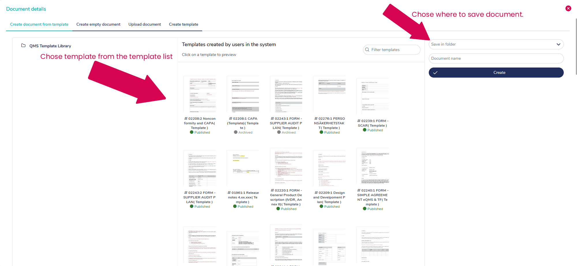Choose a document template in MedQdoc