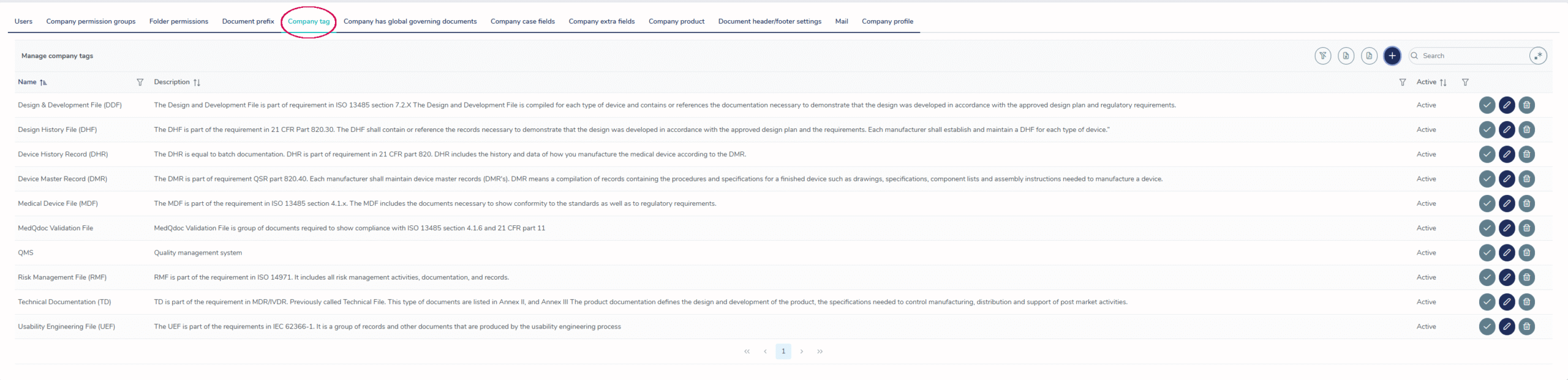 Company Tags tab in Company Settings