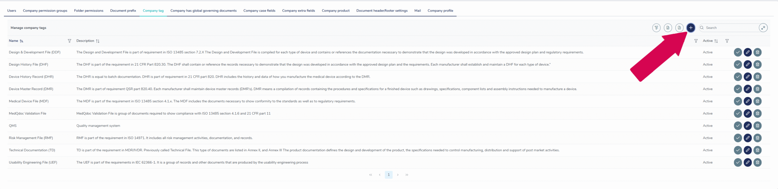 Plus icon to create a new company tag
